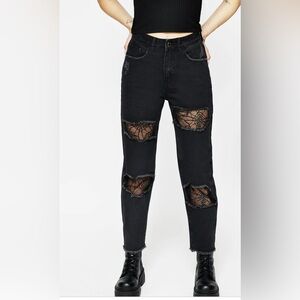 Disturbia women’s 34” US 12 cobweb distressed denim jeans black goth new